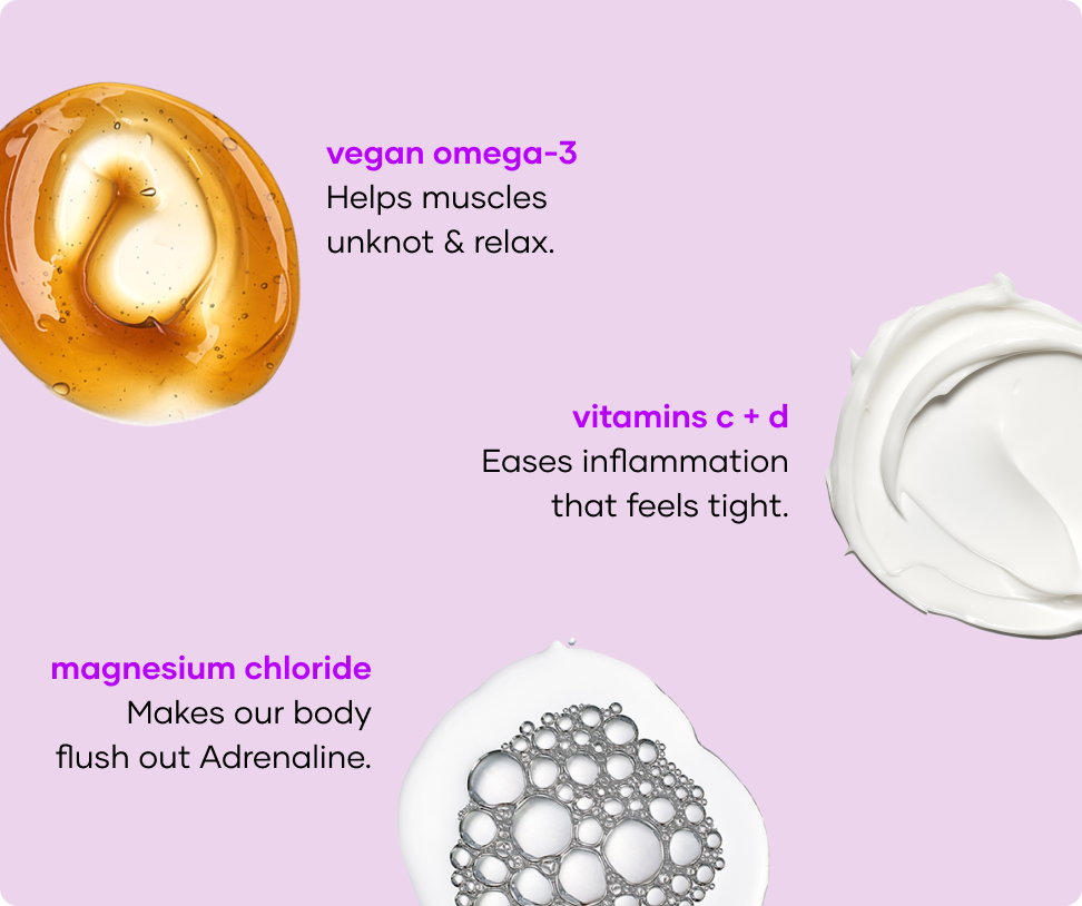 Ache Erasing soak ingredients: vegan omega-3, vitamins C and D and magnesium chloride