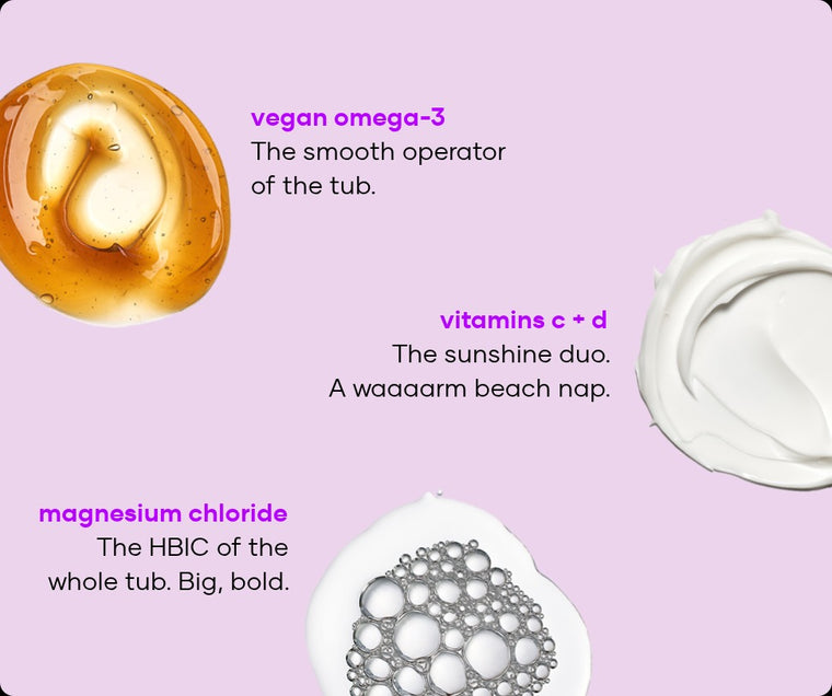 Fragrance-free Ache Erasing soak ingredients: vegan omega-3, vitamins C and D and magnesium chloride