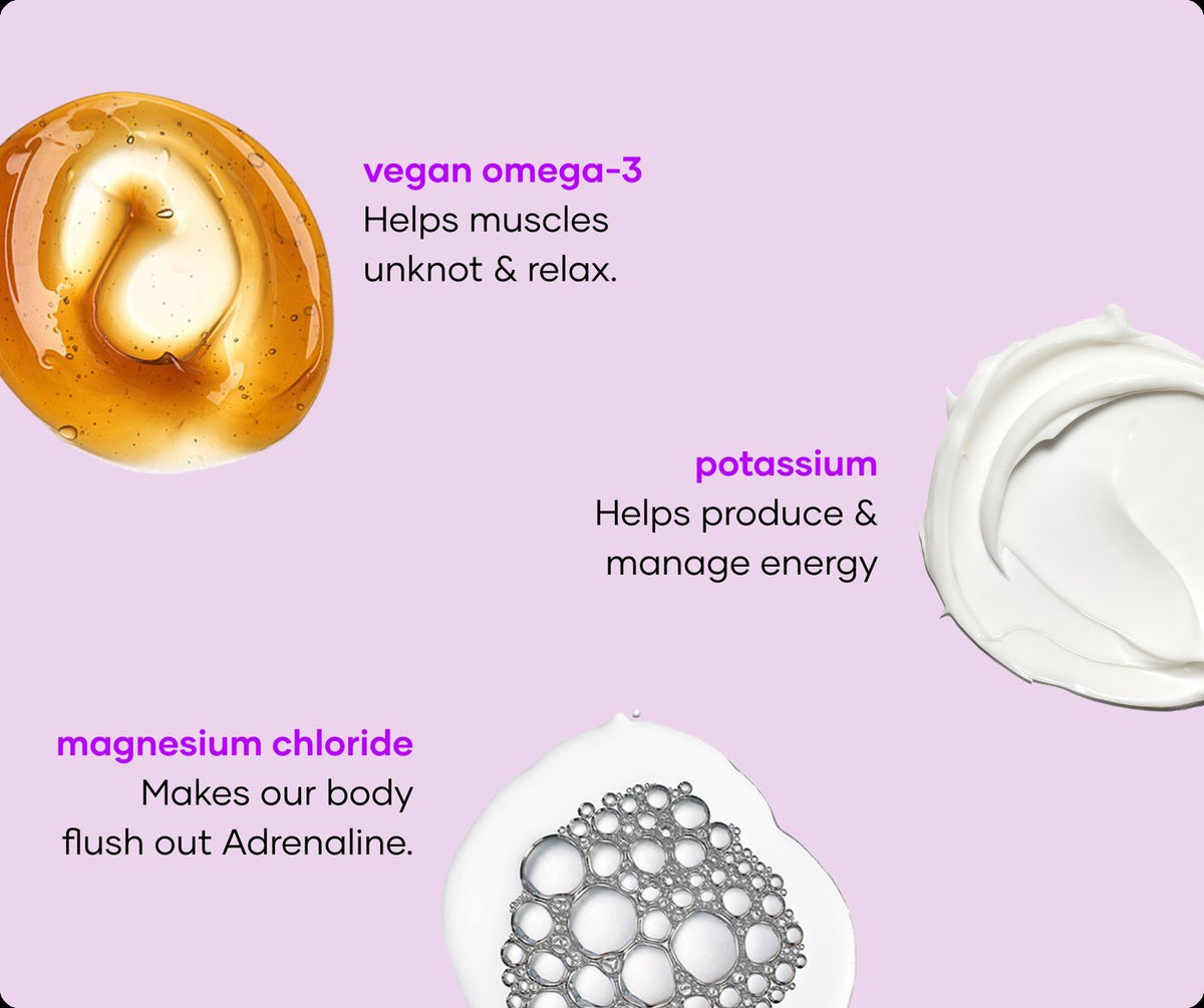Fragrance-free Ache Erasing soak ingredients: vegan omega-3, potassium and magnesium chloride