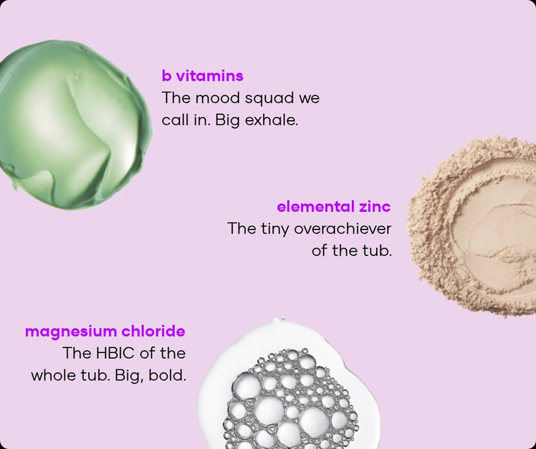 Fragrance-free Anxiety Destroying soak ingredients: B vitamins, elemental zinc and magnesium chloride