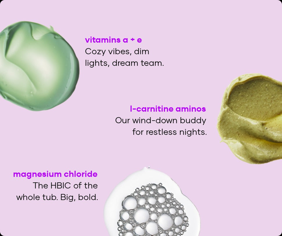 Fragrance-free Insomnia Ending soak ingredients: vitamins A and E, L-carnitine aminos and magnesium chloride