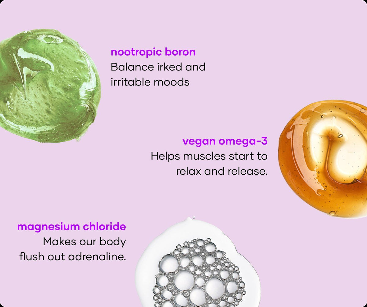 Fragrance-free Panic Crushing soak ingredients: nootropic boron, vegan omega-3 and magnesium chloride