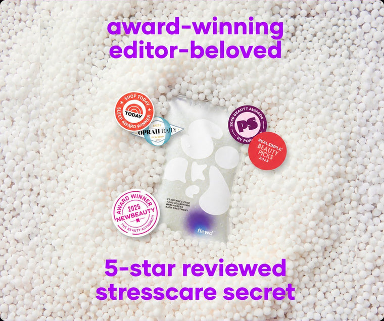 Flewd fragrance-free Rage Squashing stresscare soak with TODAY, Oprah Daily, PopSugar, Real Simple and NewBeauty badges