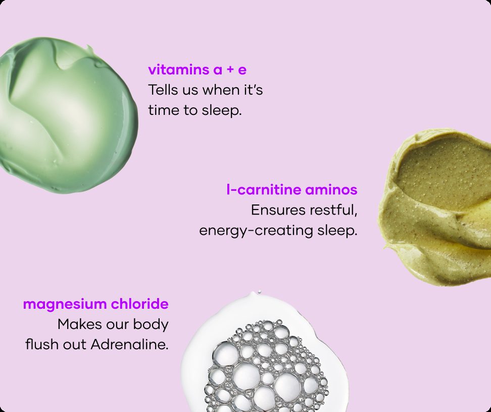 Insomnia Ending soak ingredients: vitamins A and E, L-carnitine aminos and magnesium chloride