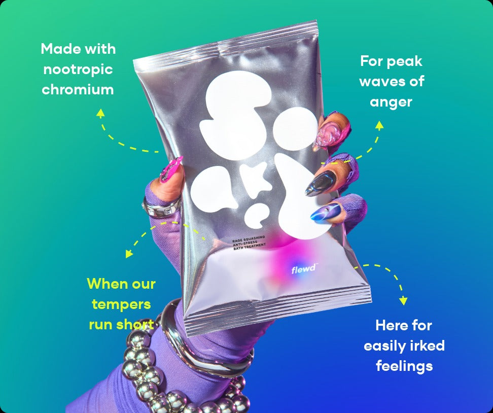 Rage Squashing pouch held by a purple glove, part of the Flewd Nootropic Trio