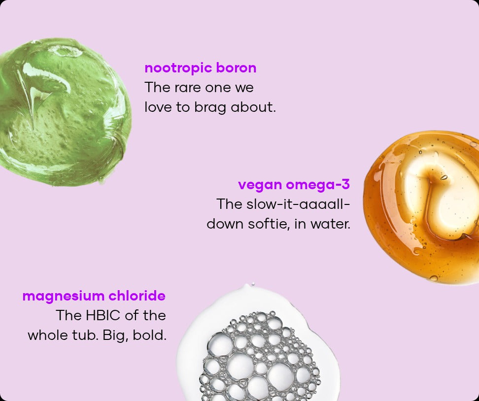 Panic Crushing soak ingredients: nootropic boron, vegan omega-3 and magnesium chloride