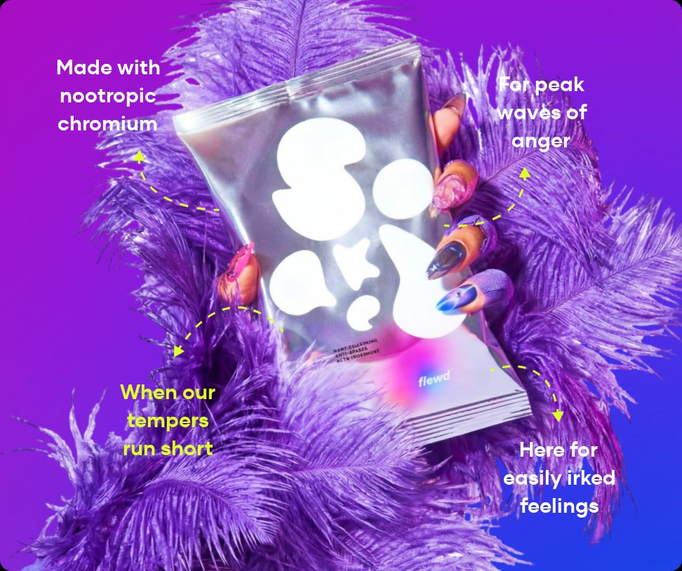 Flewd Rage Squashing bath soak pouch held in purple feathers, for irritable days