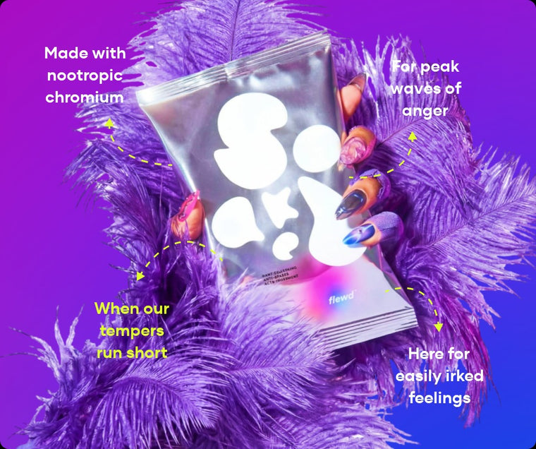 Flewd Rage Squashing bath soak pouch held in purple feathers, for irritable days