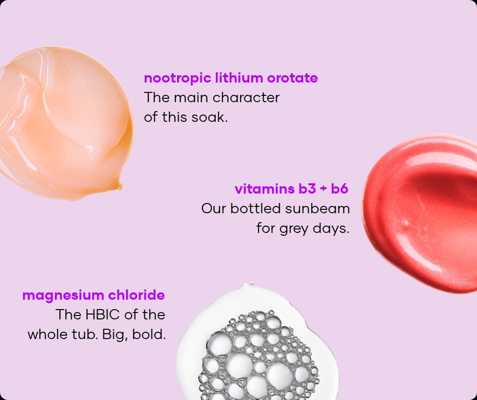 Sads Smashing soak ingredients: nootropic lithium orotate, vitamins B3 and B6 and magnesium