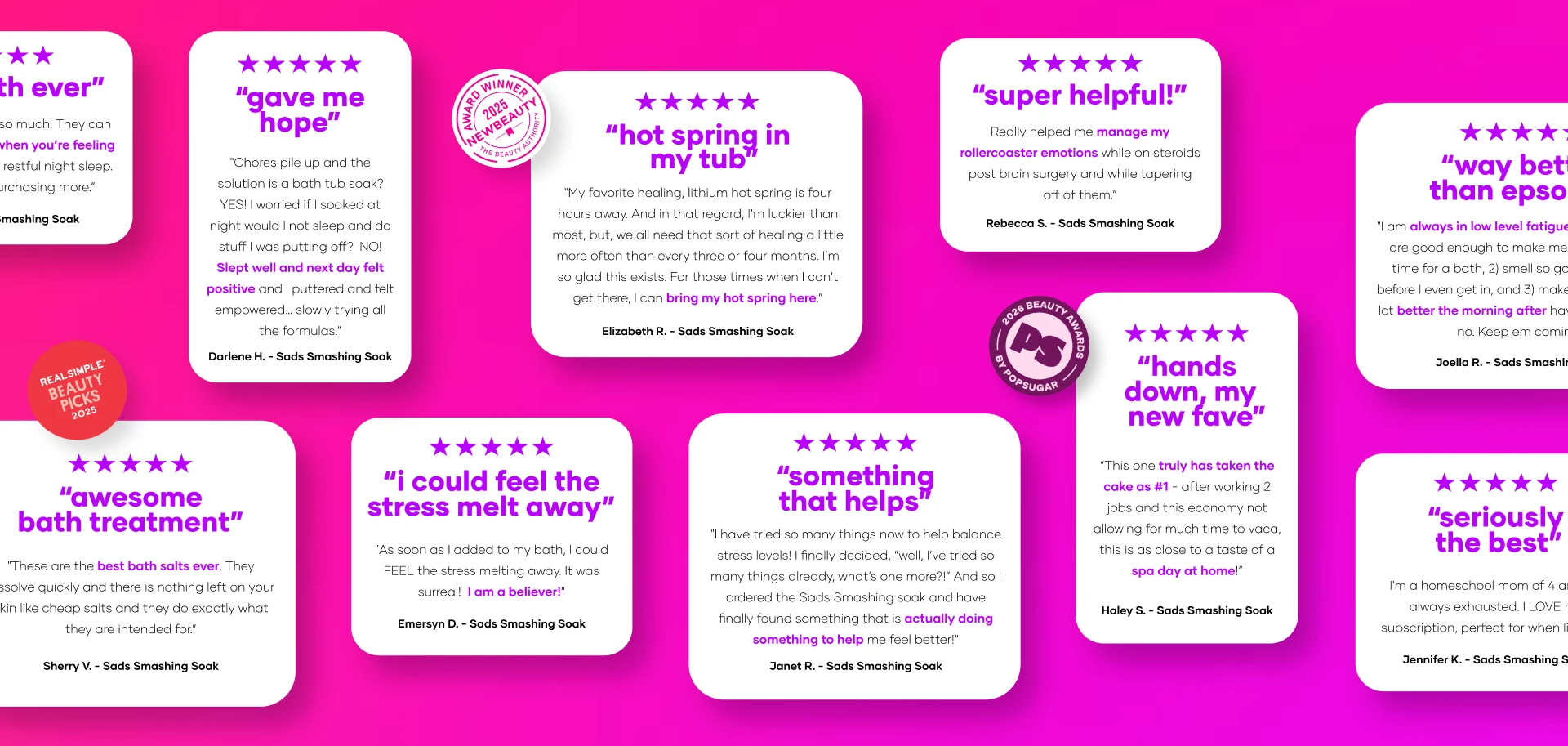 Customer reviews — hot spring in my tub, i could feel the stress melt away, something that helps, awesome bath treatment, gave me hope, super helpful, way better than epsom salts, hands down my new fave, seriously the best