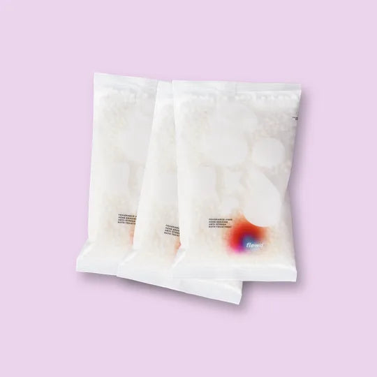 three fragrance-free ache erasing magnesium bath soak pouches